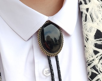 Custom Bolo Tie with Black Onyx Agate -Wedding  - Western Necktie -Silver or Gold with  Black or Brown Leather Vegan Cord Tension Clasp