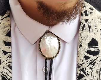 Custom Pearl Bolo Tie with Mother Of Pearl Gemstone- Classy Wedding Tie - Men's Bolo Tie  Gold or Silver White Stone Bolo Tie -Black Leather