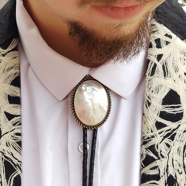 Custom Pearl Bolo Tie with Mother Of Pearl Gemstone- Classy Wedding Tie - Men's Bolo Tie  Gold or Silver White Stone Bolo Tie -Black Leather