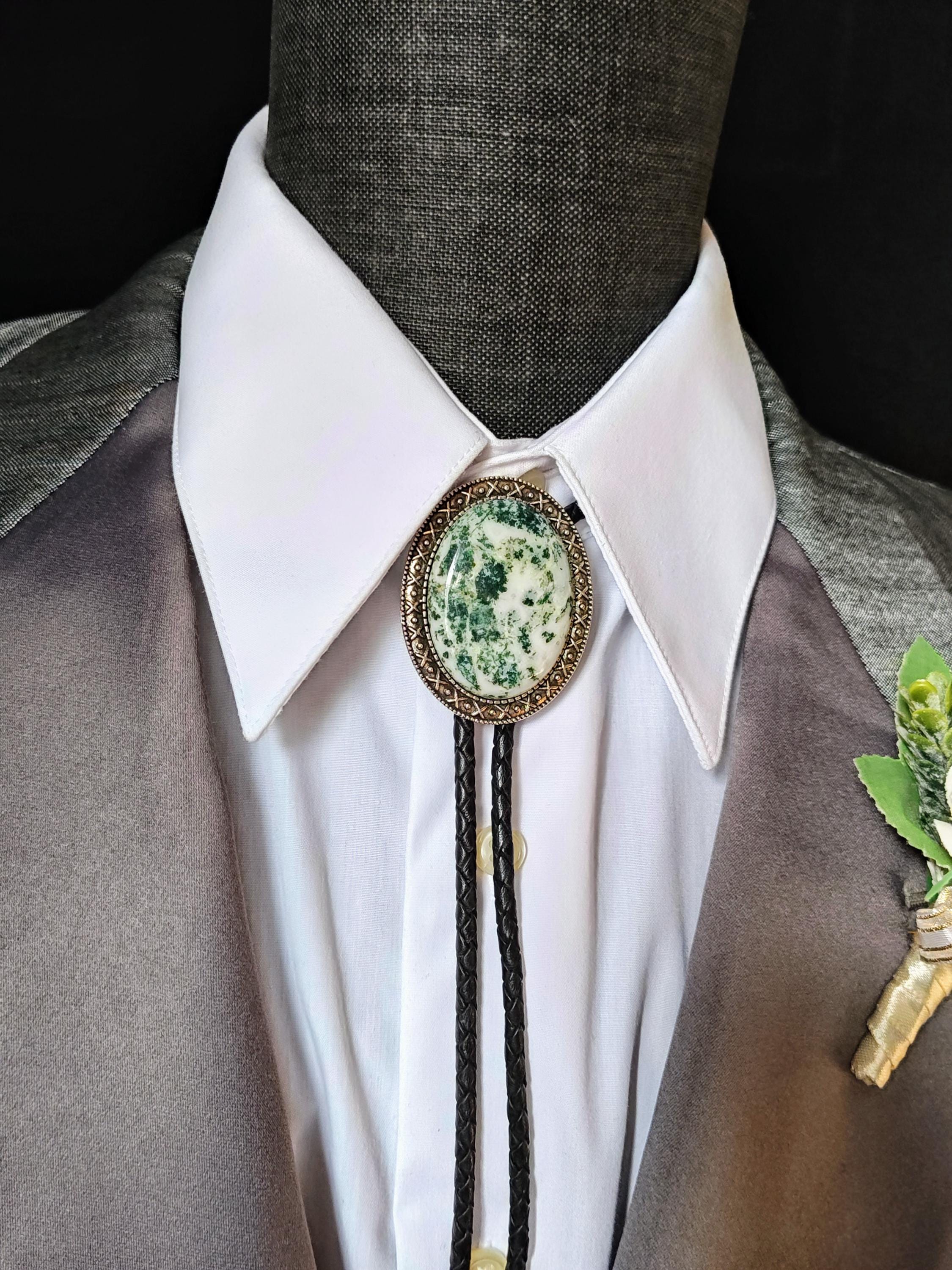 Custom Agate Bolo Tie with White & Green Agate -Custom Wedding Bolo Tie - Yellowstone Silver, Copper or Gold Settings -Leather or Vegan Cord