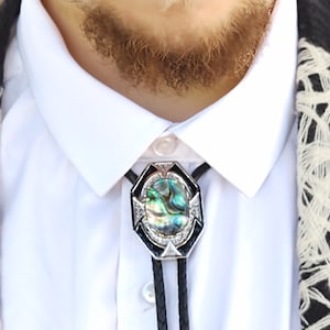 Custom Bolo Tie with Abalone Paua Shell Stone - Fancy Bolo Tie -Men&#39;s Women&#39;s Bolo Tie -Silver, Gold or Copper - Wedding Idea -Boho Western