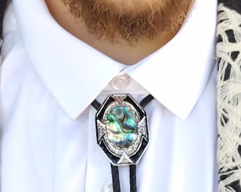 Benutzerdefinierte Bolo Krawatte mit Abalone Paua Muschel Stein - Ausgefallene Bolo Krawatte - Herren Damen Bolo Krawatte - Silber, Gold oder Kupfer - Hochzeitsidee -Boho Western