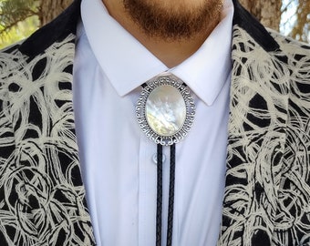 Custom Bolo Tie with Mother Of Pearl Gemstone- Custom Wedding Tie - Men's Bolo Tie  Gold Silver Copper with White Stone Bolo Tie