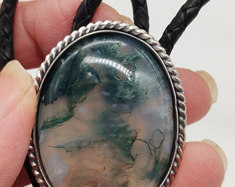 Reserved Silver Bolo Tie with Idaho Moss Agate - Sterling Silver Bolo Ties - OOAK Silversmith - Western Accessories
