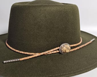 Cinta de cuero para sombrero vaquero con jaspe paisaje - Joyería para sombreros - Accesorios para sombreros - Cinta boho para sombrero - Regalo para vaqueras