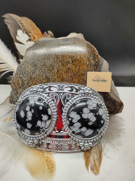 Large Cowboy Belt Buckle With Snowflake Obsidian Cowboy Belt Etsy