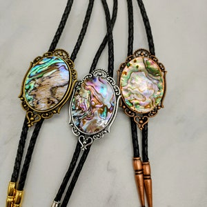 Abalone Bolo Tie - Wedding Bolo Tie - Custom Bolo Tie - Silver, Copper or Gold with Leather or  Vegan Cord -Abalone Paua Shell Bolo