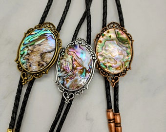 Abalone Bolo Tie - Wedding Bolo Tie - Custom Bolo Tie - Silver, Copper or Gold with Leather or  Vegan Cord -Abalone Paua Shell Bolo