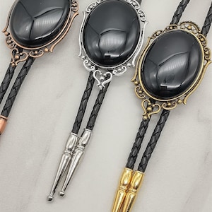 Black Onyx Bolo Tie -Custom Black Bolo Ties - Wedding Bolo Tie - Black Stone Bolo Tie - Silver, Copper or Gold with Leather or  Vegan Cord