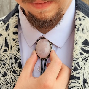 Custom Rose Quartz Bolo Ties Wedding Bolo Tie Western Necktie Silver or Gold with Black, Brown Leather Vegan Cord, Tension Clasp image 1