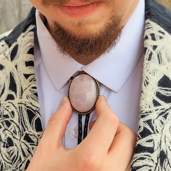 Custom Rose Quartz Bolo Ties -Wedding Bolo Tie - Western Necktie - Silver or Gold with Black, Brown Leather  Vegan Cord, Tension Clasp