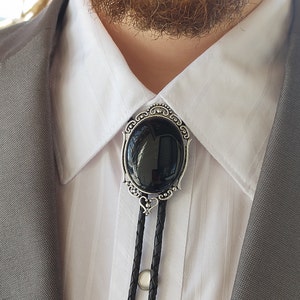 Black Onyx Bolo Tie Custom Black Bolo Ties Wedding Bolo Tie Black Stone Bolo Tie Silver, Copper or Gold with Leather or Vegan Cord image 3