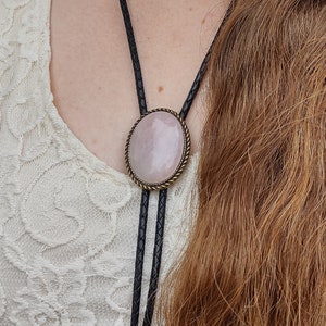 Custom Rose Quartz Bolo Ties Wedding Bolo Tie Western Necktie Silver or Gold with Black, Brown Leather Vegan Cord, Tension Clasp image 2