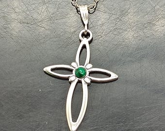Malachite Sterling Silver Cross Pendant Necklace - 3mm round stone - Fine Jewelry Gift - Bridesmaids -Green Gemstone Pendant - Gift