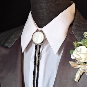 Bolo Tie with White Mother Of Pearl  -Wedding Bolo Ties -Silver, Gold or Copper with Leather or Vegan Cord -Round Up Bolo Tie -Wedding