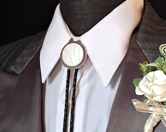 Bolo Tie with White Mother Of Pearl  -Wedding Bolo Ties -Silver, Gold or Copper with Leather or Vegan Cord -Round Up Bolo Tie -Wedding