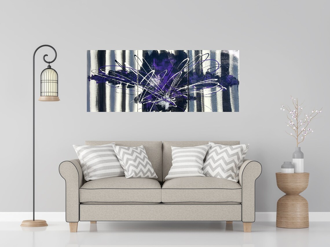 Purple Gray Black White Wall Art, Canvas Hand Painted Artwork Picture