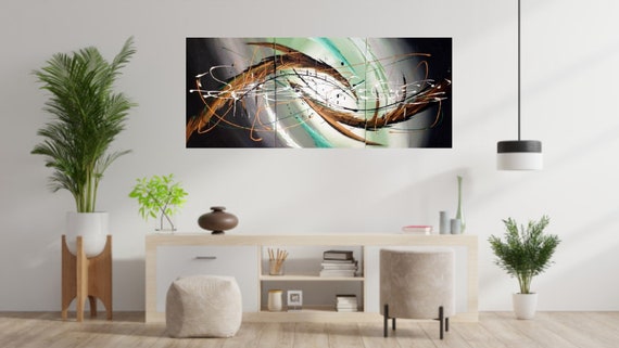 Set of 3, Multi Canvas Teal Green Gold Black White Modern Wall Art