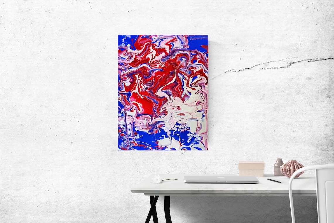Red, White, and Blue Modern Wall Art, Canvas Hand Painted Artwork