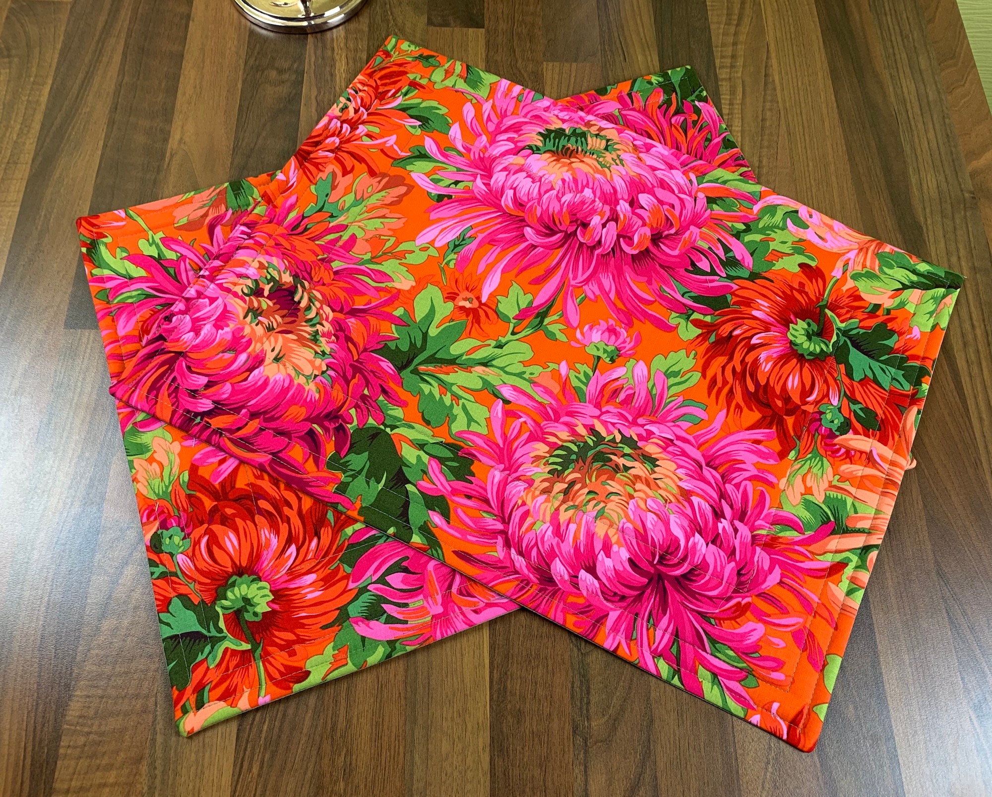 Placemat Square Ceiling Square Mat Chrysanthemums Red Pink Etsy