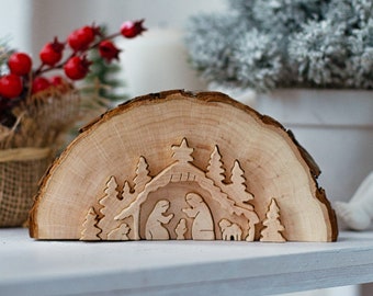 Conjunto de natividad de madera, decoración navideña, adorno de natividad, escena de natividad de madera, adorno de mesa de natividad, pieza central de mesa navideña, Sagrada Familia