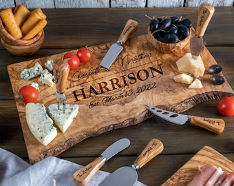 Personalized Cheese Board Custom Live Edge Cutting Board with Cheese Knives Personalized Charcuterie Board for Wedding Couple Gifts Rustic