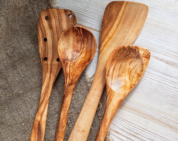 Olive Wood Utensil Set 4pc, Wooden Utensils for Cooking, Kitchen Utensils Set, Spatula and Spoon Set, Wood Utensils, Cooking Utensils,