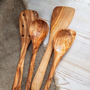 Olive Wood Utensil Set 4pc, Wooden Utensils for Cooking, Kitchen Utensils Set, Spatula and Spoon Set, Wood Utensils, Cooking Utensils,