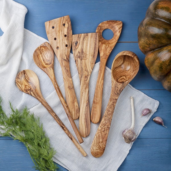 Olive Wood Utensil Set, 6-Piece Set, Wooden Utensils for Cooking, Kitchen Utensils Set, Spatula and Cooking Spoon Set, Cooking Utensils