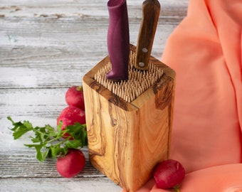 Slotless Wood Knife Block with Universal Storage for Paring, Food Prep, and Steak Knives, Handmade with Genuine Olive Wood