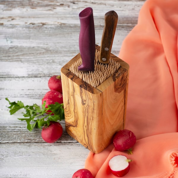 Slotless Wood Knife Block with Universal Storage for Paring, Food Prep, and Steak Knives, Handmade with Genuine Olive Wood