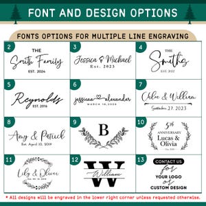 Op de afbeelding: Afbeelding met lettertype- en ontwerpopties voor graveren. Verschillende lettertypen worden getoond, met voorbeelden van namen en data, zoals "The Smith Family EST. 2024". De afbeelding biedt ook opties voor aangepaste ontwerpen.
