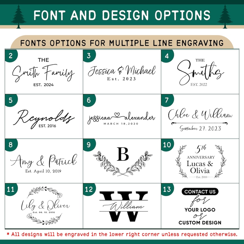 Op de afbeelding: Afbeelding met lettertype- en ontwerpopties voor graveren. Verschillende lettertypen worden getoond, met voorbeelden van namen en data, zoals "The Smith Family EST. 2024". De afbeelding biedt ook opties voor aangepaste ontwerpen.