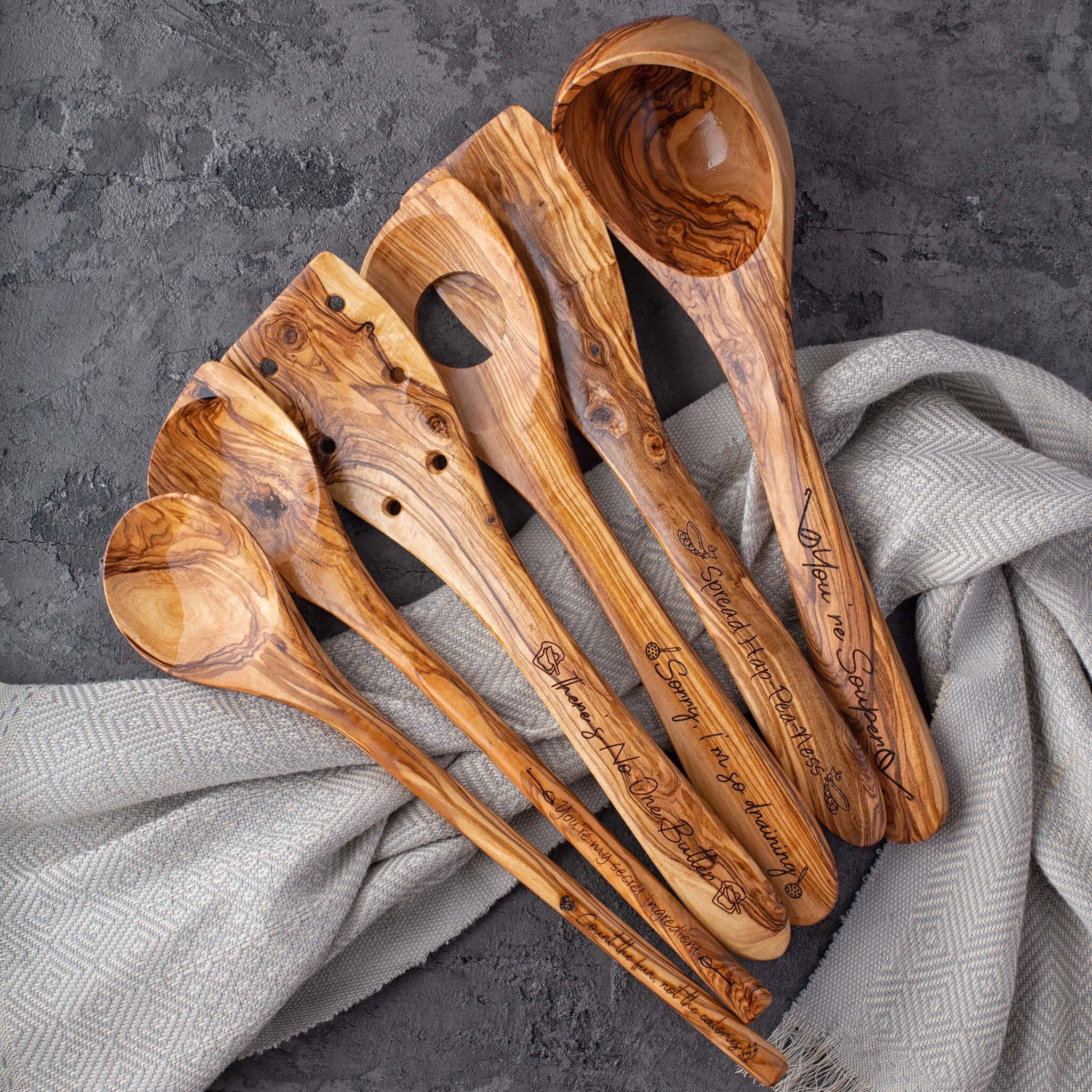 Olive Wood Utensil Set, Personalized Utensils, Engraved