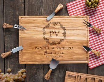 Personalized Cutting Board, Olive Wood Charcuterie Board, Personalized Wedding Gift, Anniversary Gift, Engraved Couple Gift, Serving Board