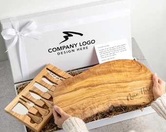 Personalized Olive Wood Board Gift Set – Custom Logo Corporate Gift, Client Gift, Employee Appreciation Luxury Gift, Realtor Closing Gift