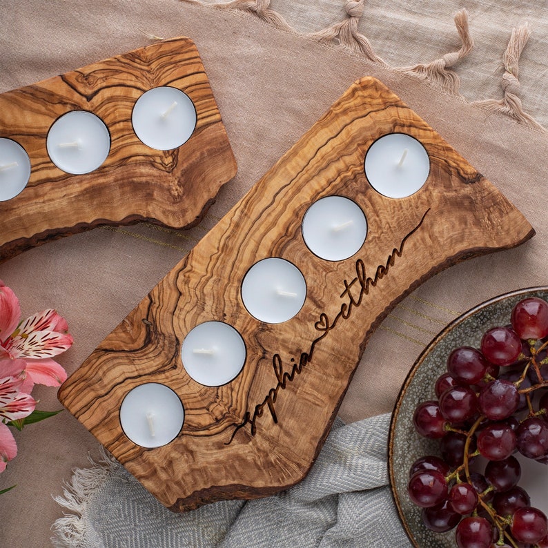 Wooden Candle Holder Engraved Rustic Tealight Candle Holder Personalized Wedding Table Decor Wood Candle Holders with Live Edge image 1