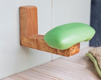 Porte-savon en bois, porte-savon magnétique auto-adhésif en barre de bois, porte-savon en barre de bois d’olivier, décor rustique de cuisine et de salle de bain, savon drainant