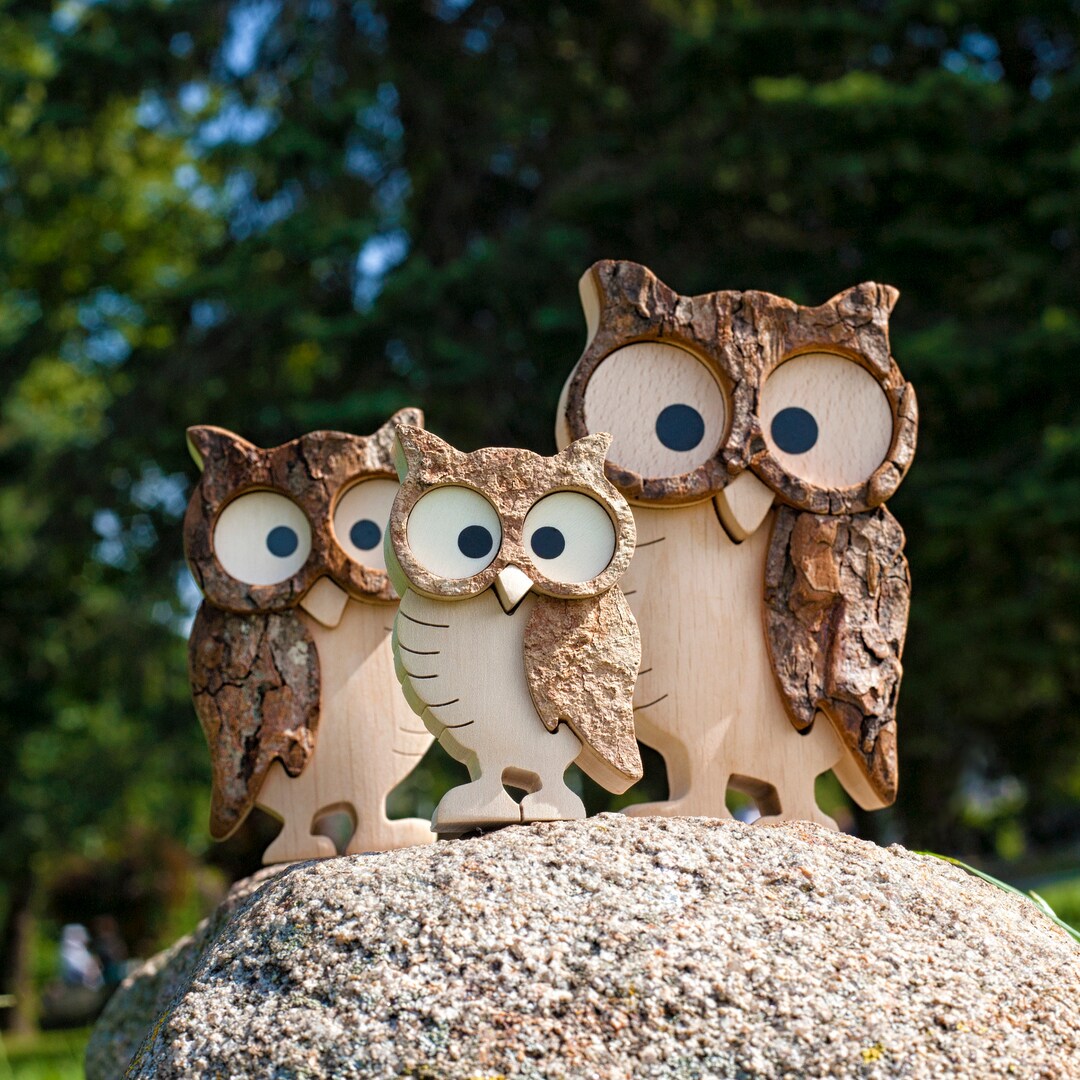 Wooden Owl Figurines, Bird Figurines, Wood Owl Decorations, Primitive