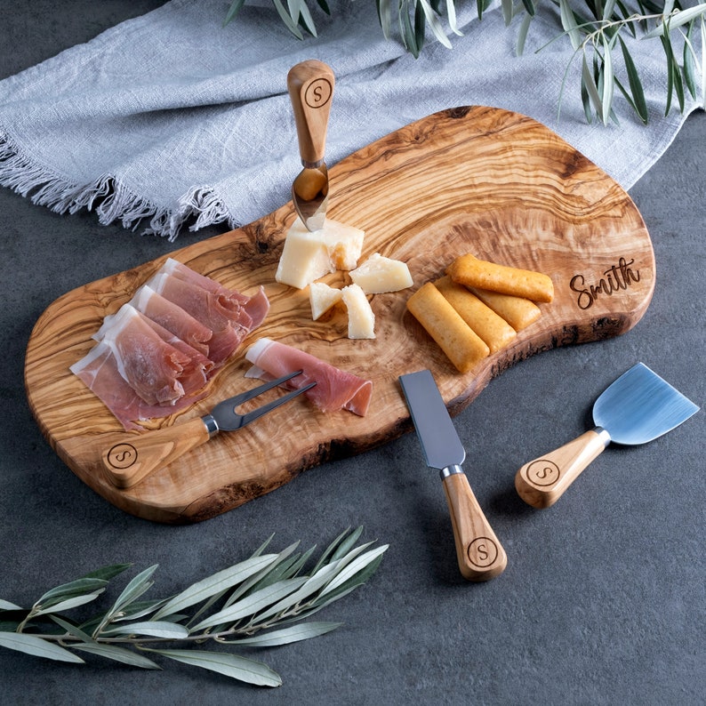 Live Edge Charcuterie Board Personalized Rustic Cheese Board Custom Olive Wood Board Live Edge Board 5th Anniversary Gift Wedding Gift image 2