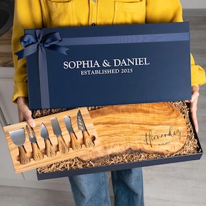 Personalized Olive Wood Charcuterie Board Gift Box – Custom Cutting Board, Holiday Gift, Corporate Gifts, Wedding or Anniversary Gift