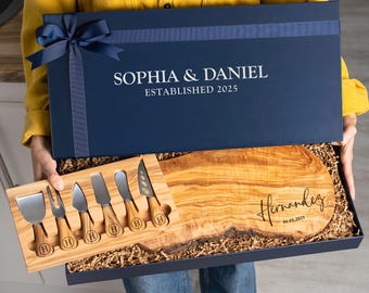 Personalized Olive Wood Charcuterie Board Gift Box – Custom Cutting Board, Holiday Gift, Corporate Gifts, Wedding or Anniversary Gift