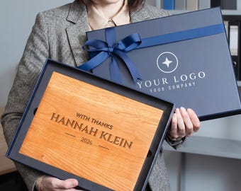 Custom Logo Cutting Board, Corporate Gift Box for Clients & Employees, Engraved Walnut, Maple, Cherry, Olive or Bamboo