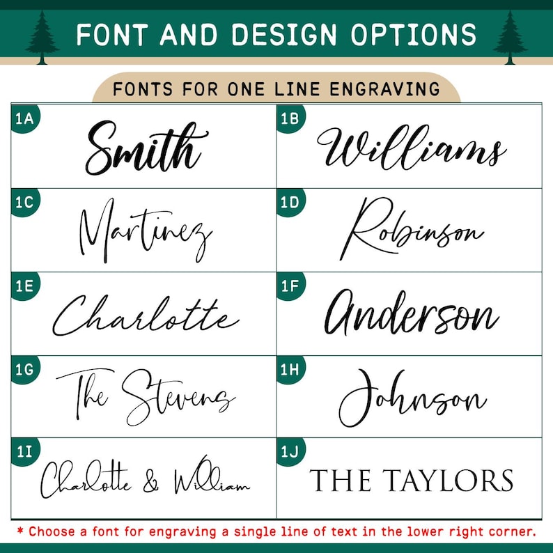 Op de afbeelding: Afbeelding met lettertype- en ontwerpopties voor graveren. Het toont verschillende lettertypestijlen, waaronder cursieve en blokletters, met namen als Smith, Williams en Martinez. De tekst onderaan adviseert het kiezen van een lettertype voor graveren.