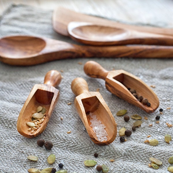 Wooden Salt Scoop for Spices, Bath Salt Scoop, Set of 2, Handmade Wood Scoop, Rustic Kitchen and Bathroom Accessories, Olivewood Spoon, 3.7"