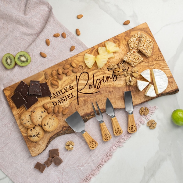 Custom Cutting Board Personalized Charcuterie Board, Olive Wood Cheese Board, Personalized Wedding Gift for Couple, 5th Anniversary Gift