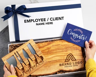 Custom Logo Olive Wood Board Gift Box – Personalized Board, Box & Cheese Knives, Corporate Gift, Client Gift, Employee Appreciation Gift