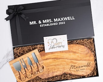 Custom Live Edge Olive Wood Charcuterie Board Gift | Anniversary Couple Gift, Wedding Gift, Personalized Cutting Board with Gift Box