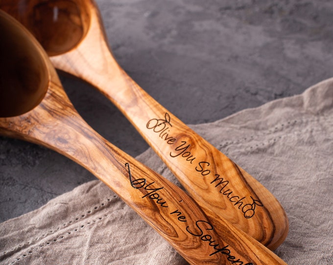Personalized Wooden Ladle, Engraved Soup Ladle, Olive Wood Ladle Spoon, Handmade Wooden Soup Ladles for Serving