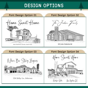 Puede incluir: Cuatro opciones de dise&ntilde;o de fuente diferentes para una ilustraci&oacute;n de casa con texto. Opci&oacute;n 1: Home Sweet Home. Opci&oacute;n 2: The Jackson Family. Opci&oacute;n 3: Where Our Story Begins. Opci&oacute;n 4: Home Sweet Home.